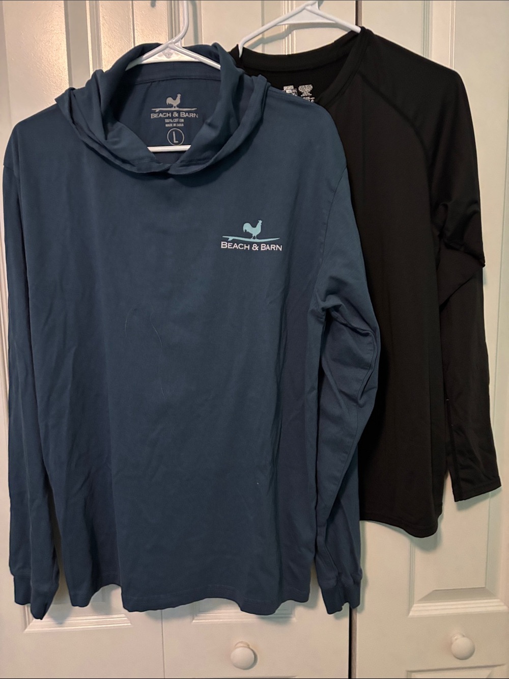 Long-Sleeve Bluish Hoodie and Black Long Sleeve DRSKIN Tee. Both size large